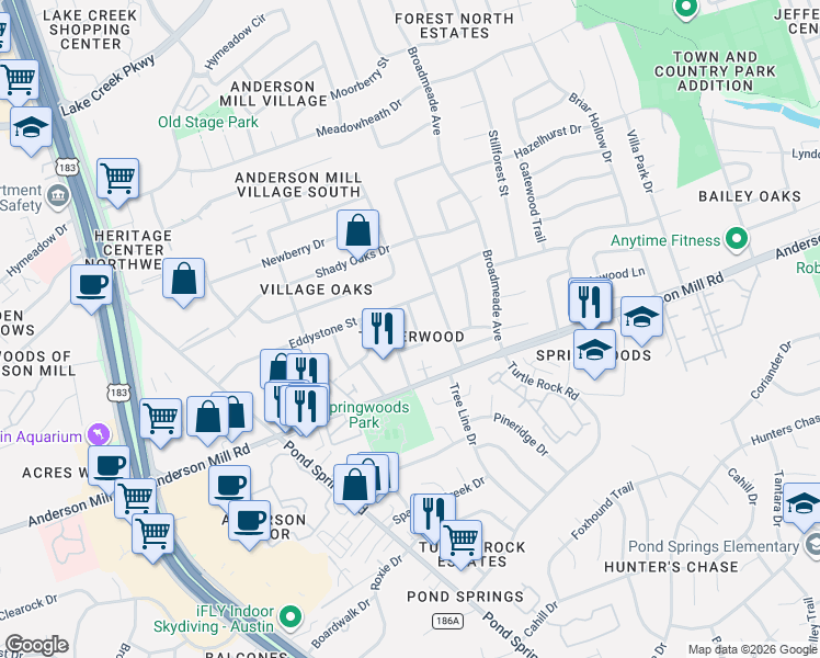map of restaurants, bars, coffee shops, grocery stores, and more near 12748 Machete Trail in Austin