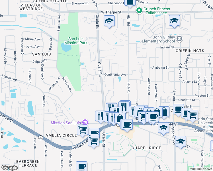 map of restaurants, bars, coffee shops, grocery stores, and more near 2067 Continental Avenue in Tallahassee