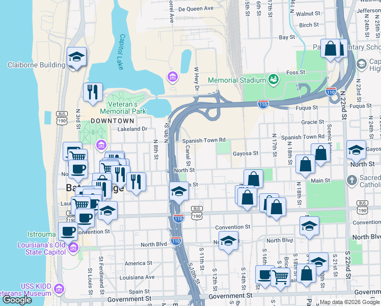 map of restaurants, bars, coffee shops, grocery stores, and more near 729 North 11th Street in Baton Rouge