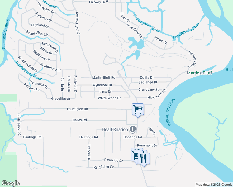 map of restaurants, bars, coffee shops, grocery stores, and more near 1517 Lima Drive in Gautier