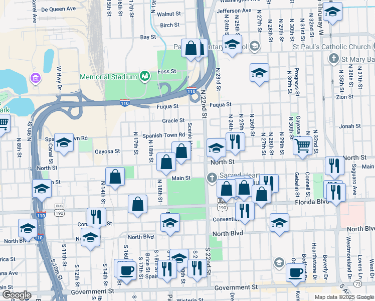 map of restaurants, bars, coffee shops, grocery stores, and more near 655 Scenic Highway in Baton Rouge