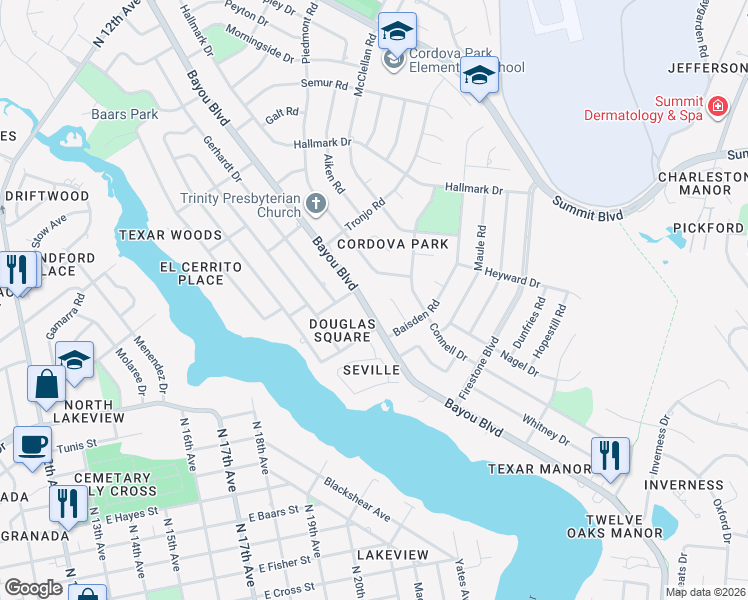 map of restaurants, bars, coffee shops, grocery stores, and more near 3715 Piedmont Road in Pensacola