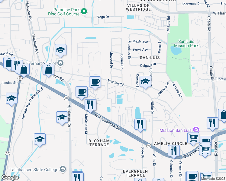 map of restaurants, bars, coffee shops, grocery stores, and more near 2566 West Tennessee Street in Tallahassee