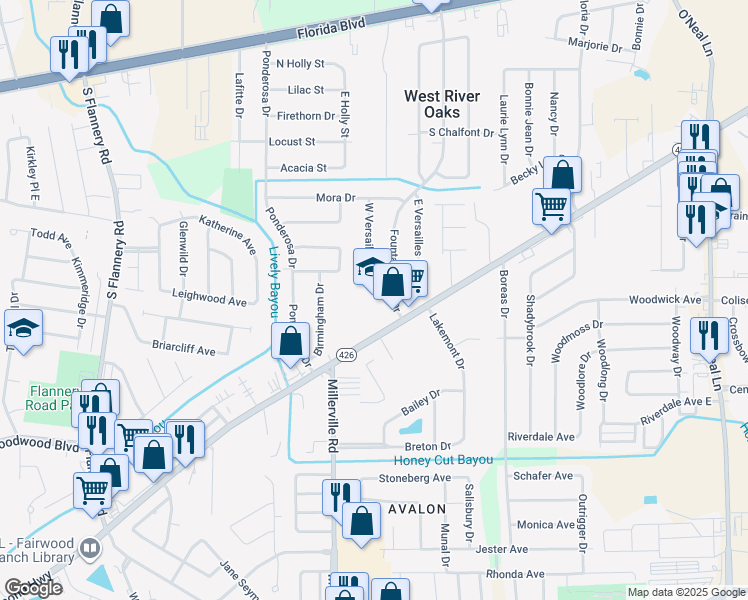 map of restaurants, bars, coffee shops, grocery stores, and more near 950 Fountainbleau Drive in Baton Rouge