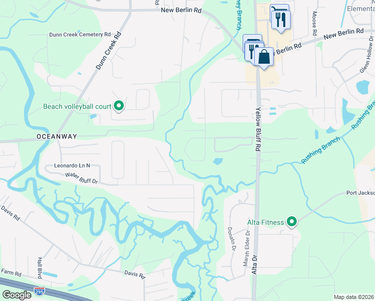 map of restaurants, bars, coffee shops, grocery stores, and more near 2927 Captiva Bluff Road South in Jacksonville