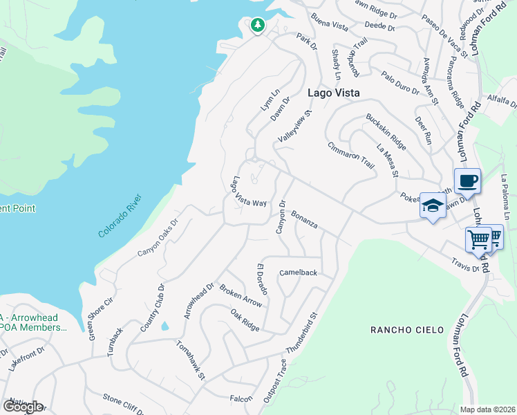 map of restaurants, bars, coffee shops, grocery stores, and more near 5911 Lago Vista Way in Lago Vista