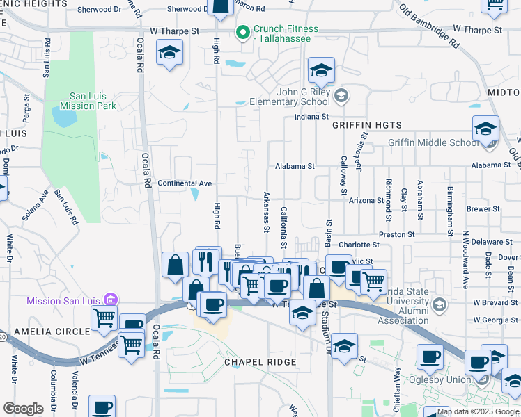 map of restaurants, bars, coffee shops, grocery stores, and more near 939 Arkansas Street in Tallahassee
