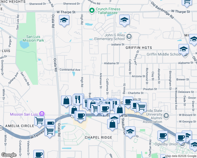map of restaurants, bars, coffee shops, grocery stores, and more near 939 Arkansas Street in Tallahassee