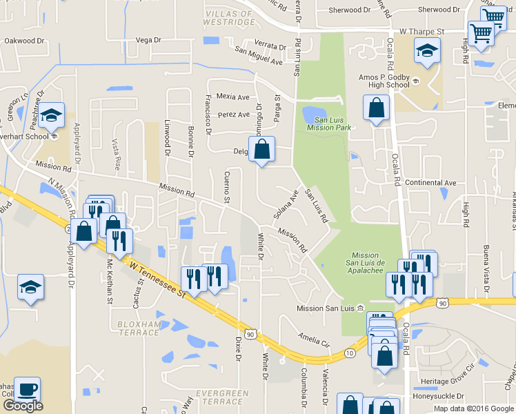 map of restaurants, bars, coffee shops, grocery stores, and more near 1103 Missionwood Lane in Tallahassee