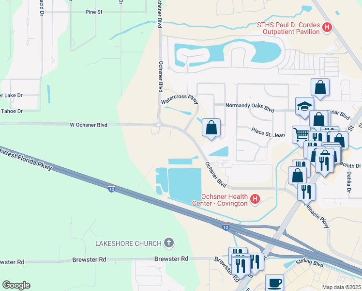 map of restaurants, bars, coffee shops, grocery stores, and more near 1330 Ochsner Boulevard in Covington