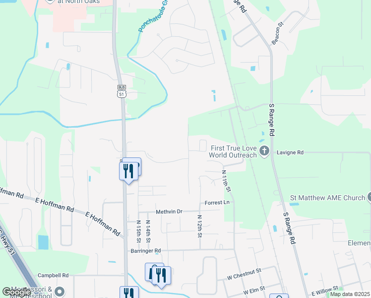 map of restaurants, bars, coffee shops, grocery stores, and more near 168 Southgate Drive in Ponchatoula