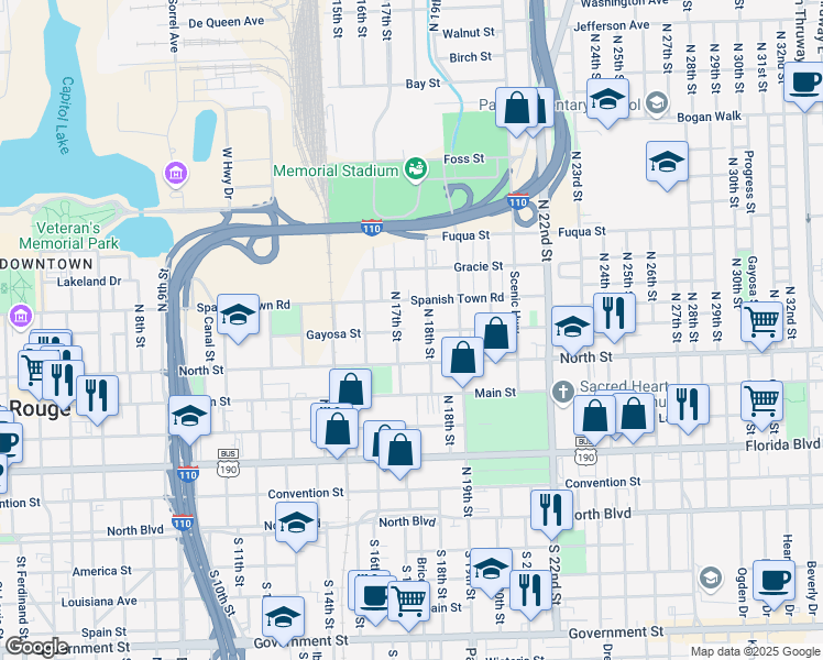 map of restaurants, bars, coffee shops, grocery stores, and more near 700 North 17th Street in Baton Rouge