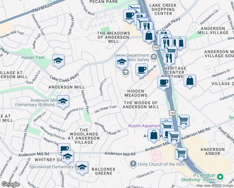 map of restaurants, bars, coffee shops, grocery stores, and more near 12300 Hymeadow Drive in Austin