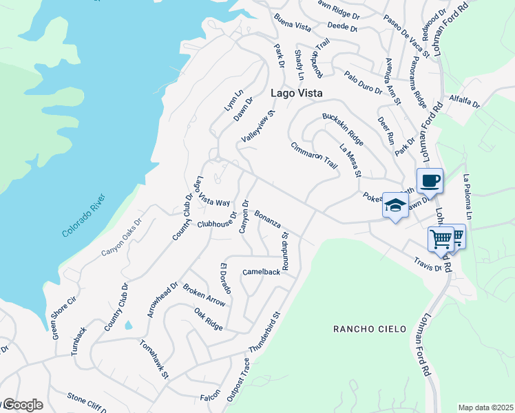 map of restaurants, bars, coffee shops, grocery stores, and more near 68 C Dawn Drive in Lago Vista