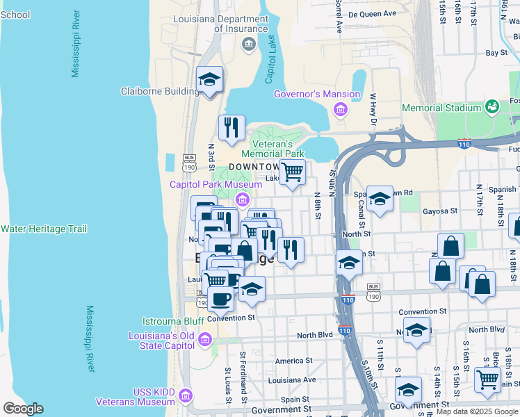 map of restaurants, bars, coffee shops, grocery stores, and more near 505 University Walk in Baton Rouge