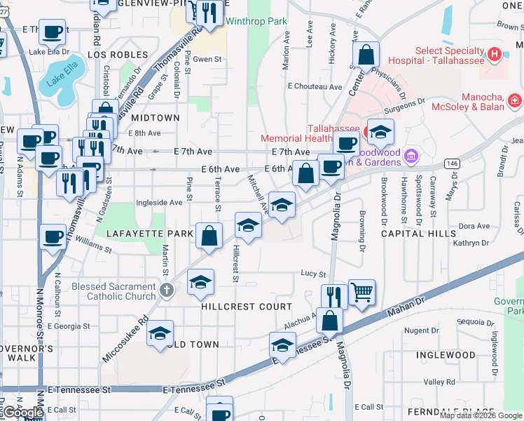 map of restaurants, bars, coffee shops, grocery stores, and more near 1133 Mitchell Avenue in Tallahassee