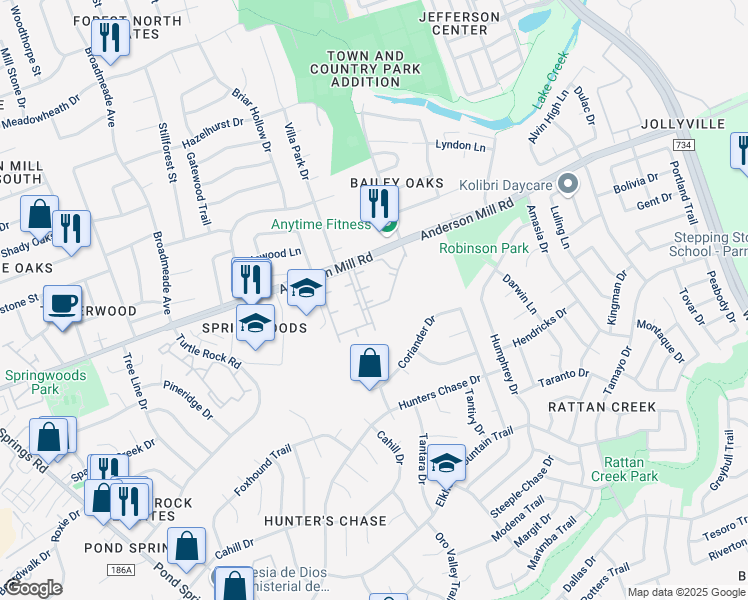 map of restaurants, bars, coffee shops, grocery stores, and more near 8601 Anderson Mill Road in Austin