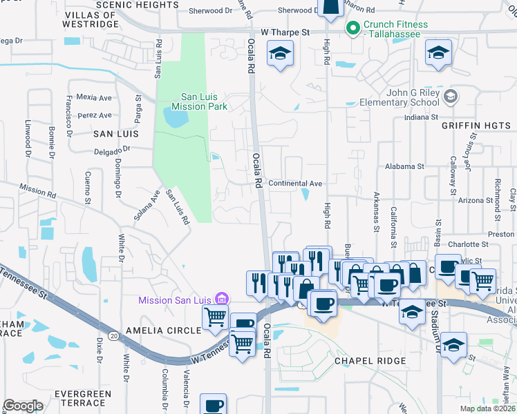 map of restaurants, bars, coffee shops, grocery stores, and more near 1140 Ocala Road in Tallahassee