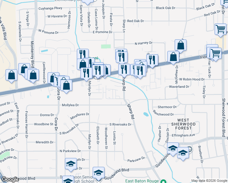map of restaurants, bars, coffee shops, grocery stores, and more near 212 Antrim Drive in Baton Rouge