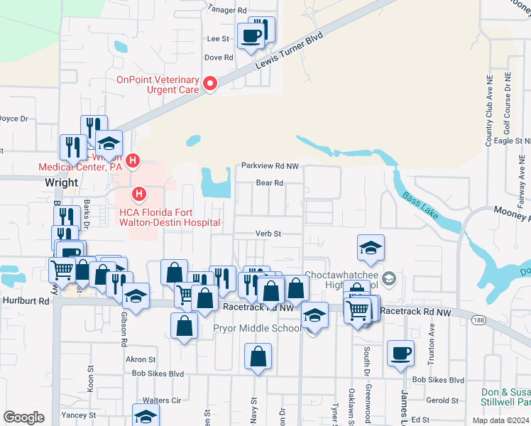 map of restaurants, bars, coffee shops, grocery stores, and more near 413 Corvet Street in Fort Walton Beach