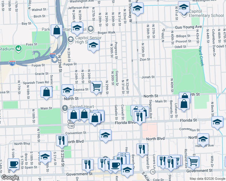 map of restaurants, bars, coffee shops, grocery stores, and more near 668 North 30th Street in Baton Rouge