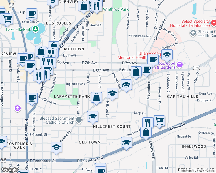 map of restaurants, bars, coffee shops, grocery stores, and more near 825 Ingleside Avenue in Tallahassee