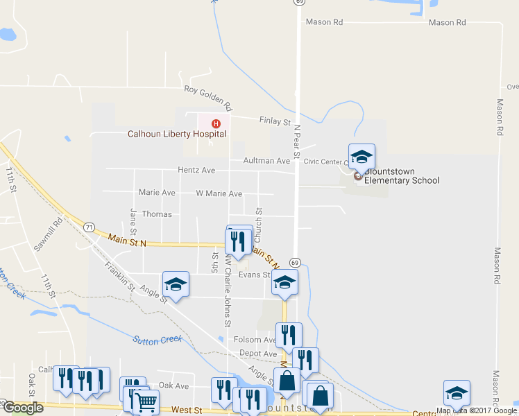 map of restaurants, bars, coffee shops, grocery stores, and more near 1127 Church Street in Blountstown