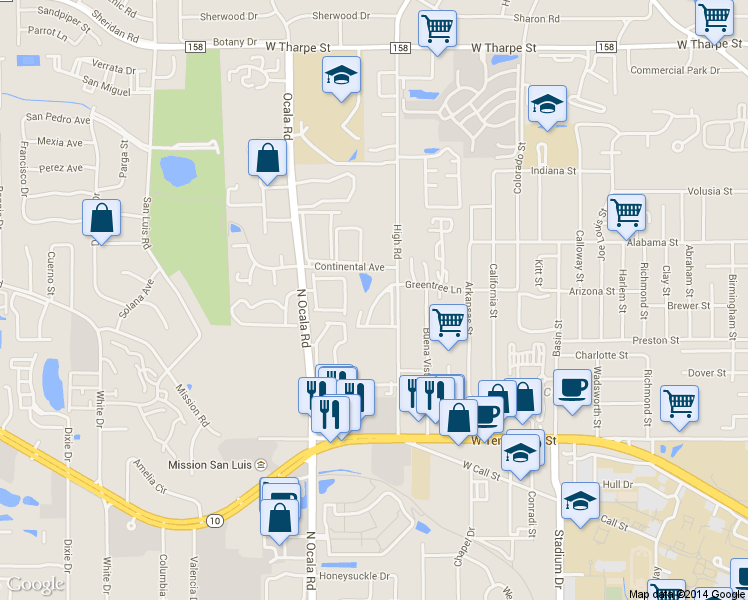 map of restaurants, bars, coffee shops, grocery stores, and more near 1000 High Road in Tallahassee
