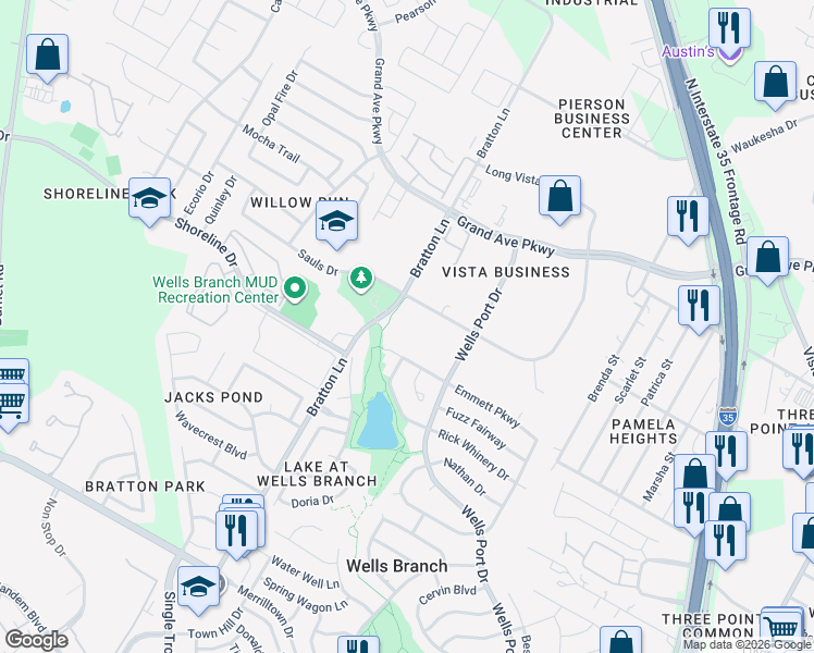 map of restaurants, bars, coffee shops, grocery stores, and more near 15405 Long Vista Drive in Austin