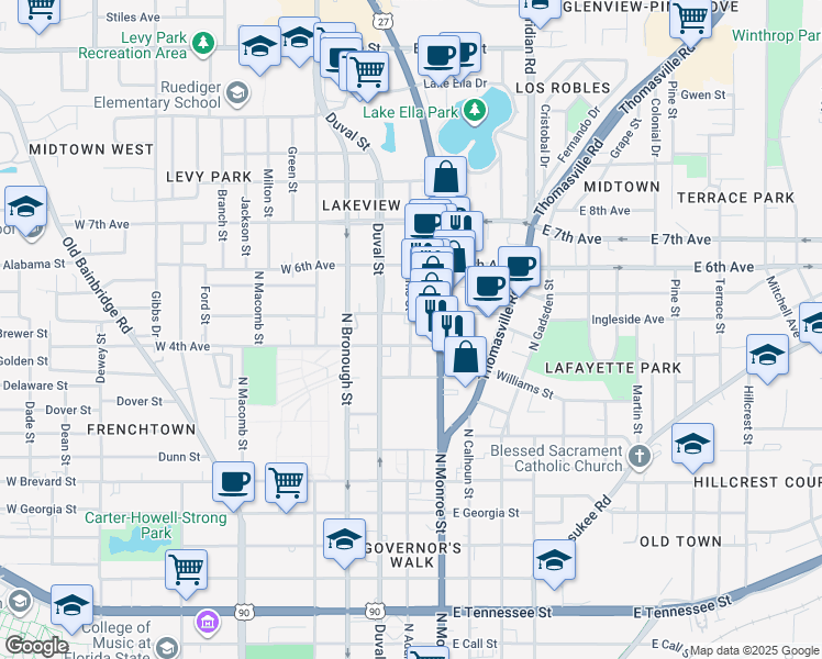 map of restaurants, bars, coffee shops, grocery stores, and more near 1125 North Adams Street in Tallahassee