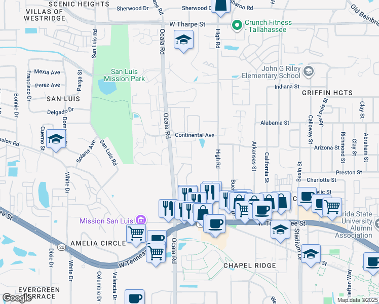 map of restaurants, bars, coffee shops, grocery stores, and more near 2067 Continental Avenue in Tallahassee