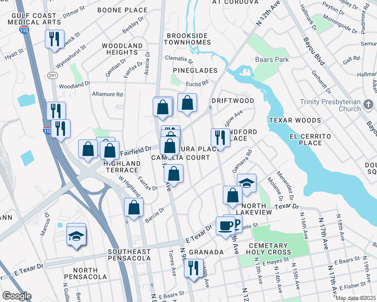 map of restaurants, bars, coffee shops, grocery stores, and more near 3825 North 11th Avenue in Pensacola