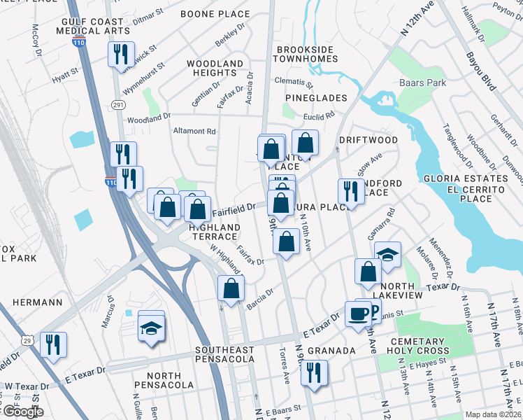 map of restaurants, bars, coffee shops, grocery stores, and more near 3927 North 9th Avenue in Pensacola