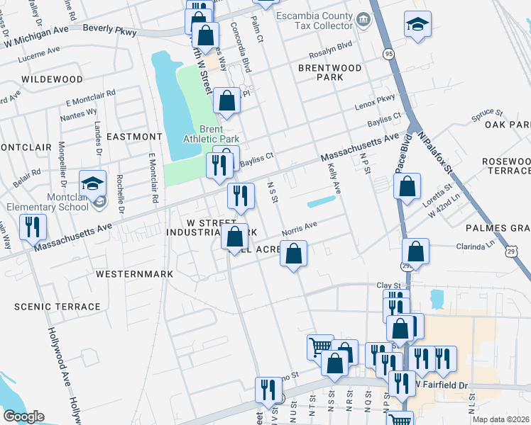 map of restaurants, bars, coffee shops, grocery stores, and more near 3906 Andrew Avenue in Pensacola
