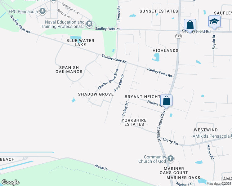 map of restaurants, bars, coffee shops, grocery stores, and more near 5842 Princeton Drive in Pensacola