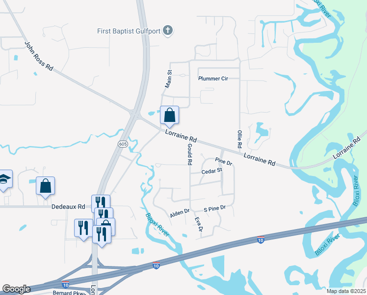 map of restaurants, bars, coffee shops, grocery stores, and more near 11594 Lorraine Road in Gulfport