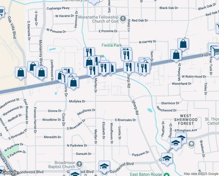 map of restaurants, bars, coffee shops, grocery stores, and more near 155 Marilyn Drive in Baton Rouge