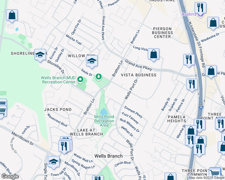 map of restaurants, bars, coffee shops, grocery stores, and more near 15401 Long Vista Drive in Austin