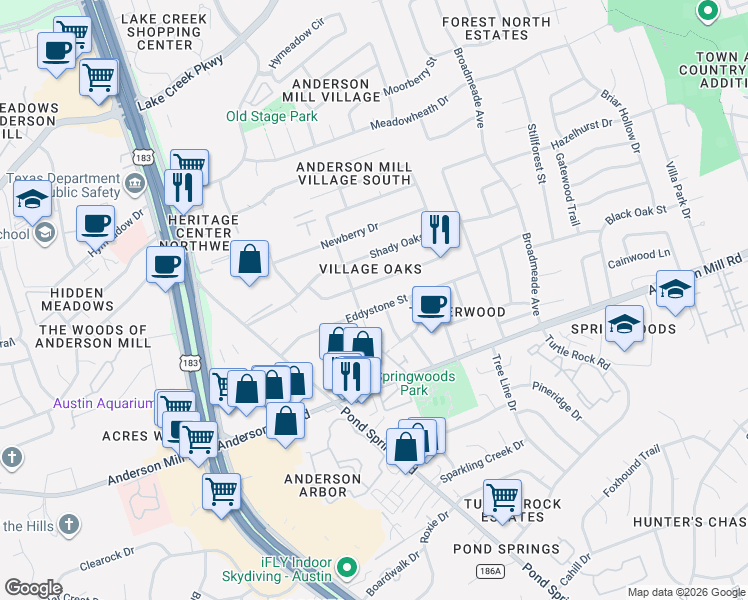 map of restaurants, bars, coffee shops, grocery stores, and more near 9411 Longvale Drive in Austin