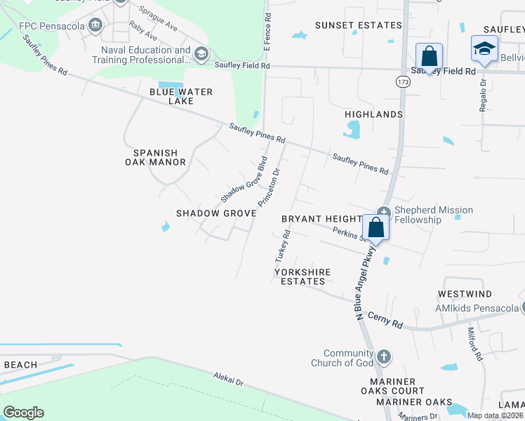 map of restaurants, bars, coffee shops, grocery stores, and more near 5836 Princeton Drive in Pensacola