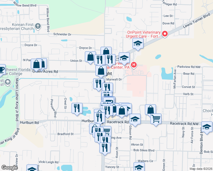 map of restaurants, bars, coffee shops, grocery stores, and more near 1025b Beal Parkway Northwest in Fort Walton Beach