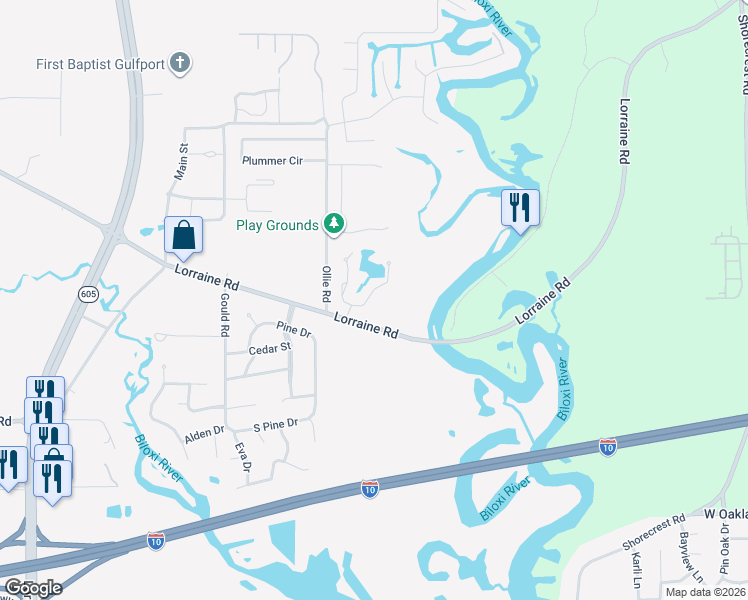 map of restaurants, bars, coffee shops, grocery stores, and more near 11420 Ashton Lane East in Gulfport