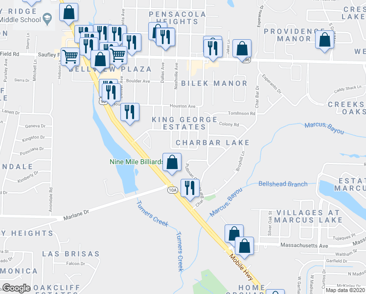 map of restaurants, bars, coffee shops, grocery stores, and more near 2250 Deerwood Road in Pensacola