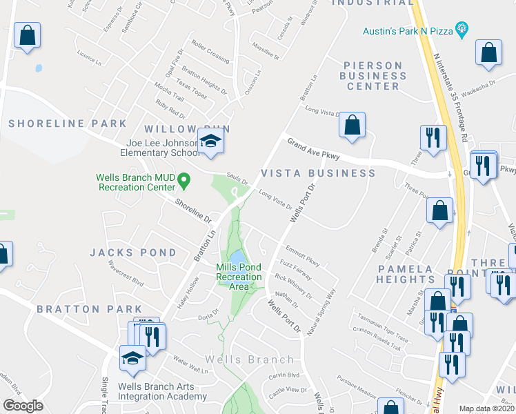 map of restaurants, bars, coffee shops, grocery stores, and more near 15401 Long Vista Drive in Austin