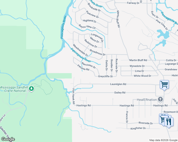 map of restaurants, bars, coffee shops, grocery stores, and more near 7713-7819 Petunia Dr in Gautier