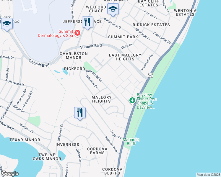 map of restaurants, bars, coffee shops, grocery stores, and more near 3360 Rothschild Drive in Pensacola