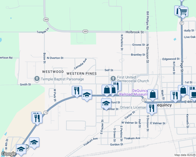 map of restaurants, bars, coffee shops, grocery stores, and more near 199 Bishop Street in DeQuincy