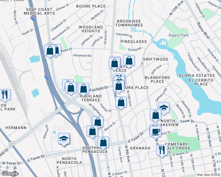 map of restaurants, bars, coffee shops, grocery stores, and more near 3927 North 9th Avenue in Pensacola