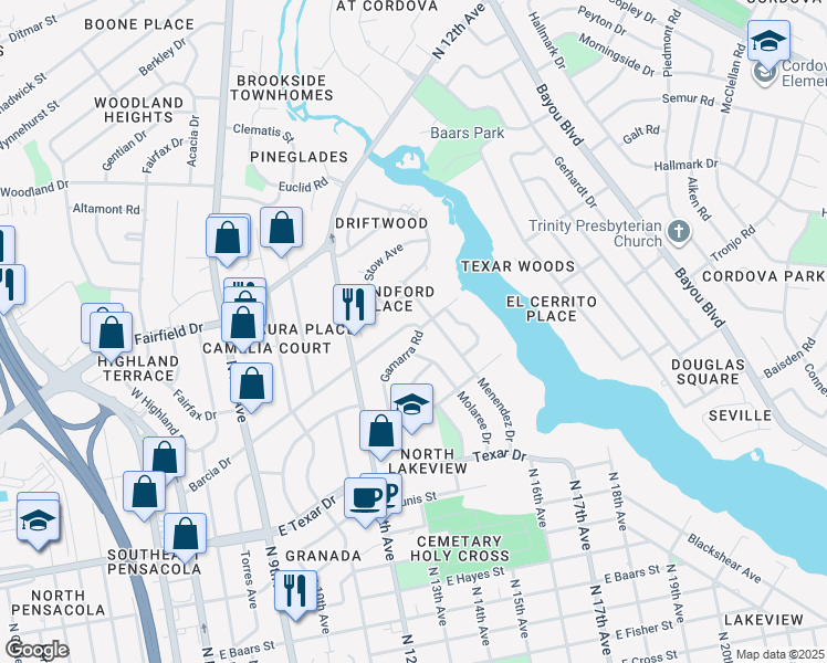 map of restaurants, bars, coffee shops, grocery stores, and more near 1227 Barcia Drive in Pensacola