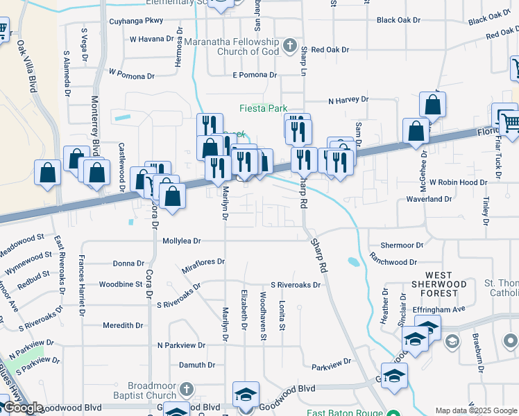 map of restaurants, bars, coffee shops, grocery stores, and more near 155 Marilyn Drive in Baton Rouge